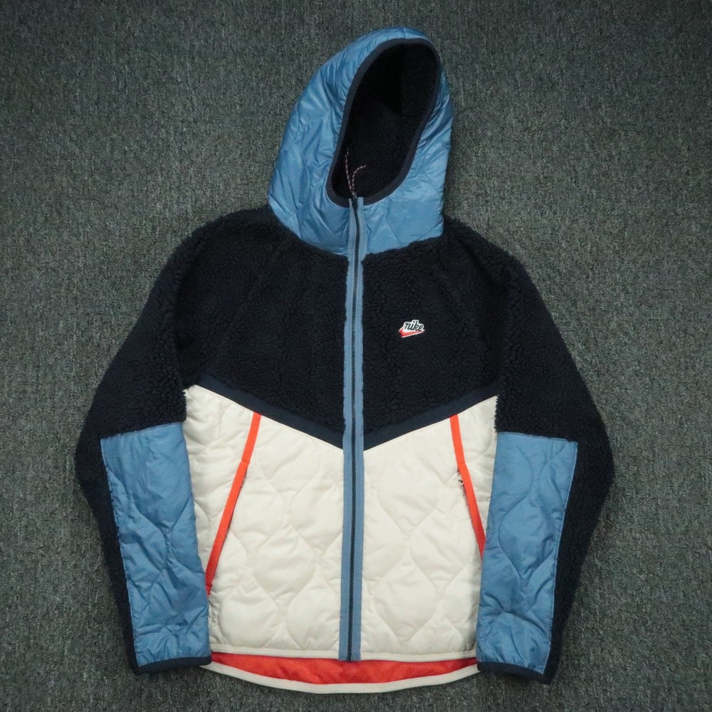 Nike Jacket Mens Large Blue White Hertiage Fleece Full Zip Sherpa Quilted Hooded